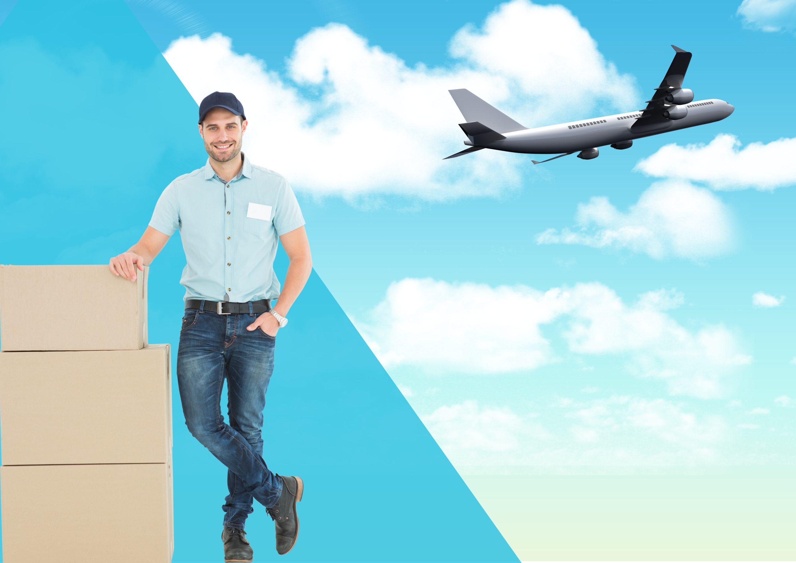 Portrait of a confident delivery man standing with parcel and an aeroplane moving in sky